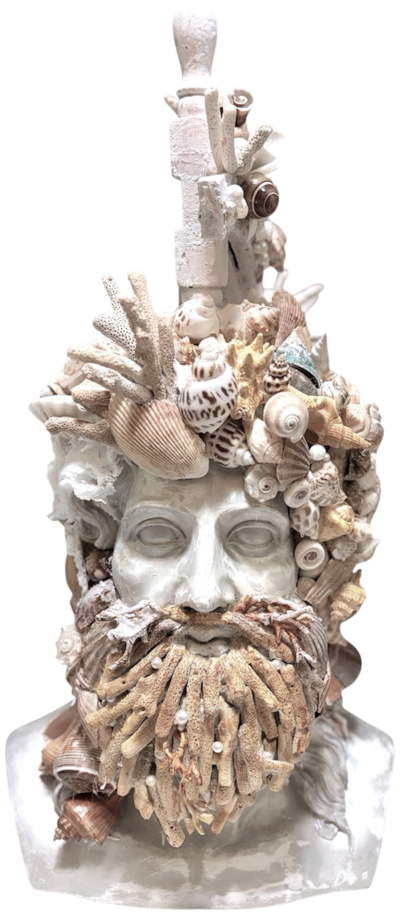 Neptune, a bust layered in shells and coral by Jason Myles