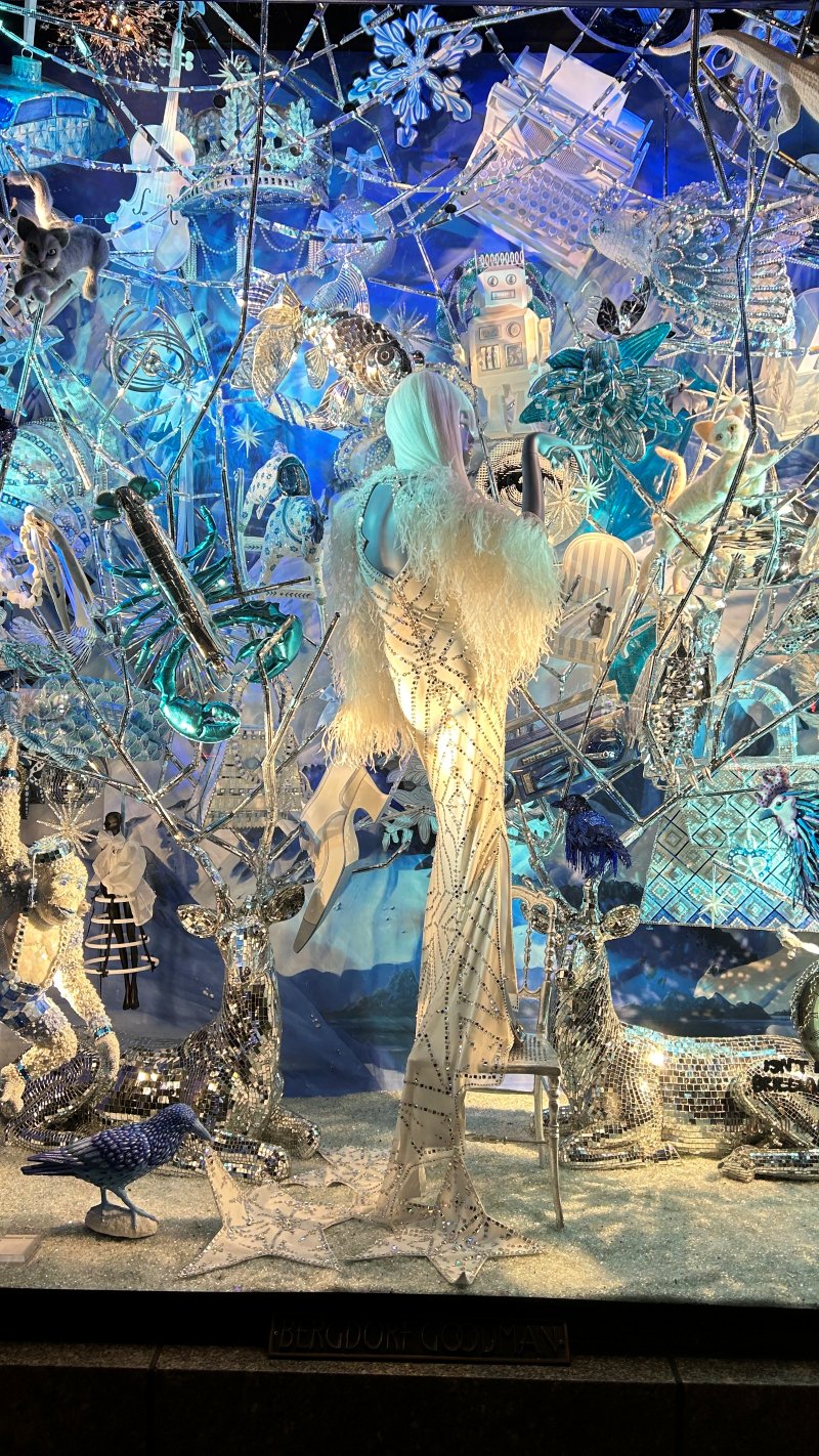 Icy blue and silver holiday window with mirrored deer