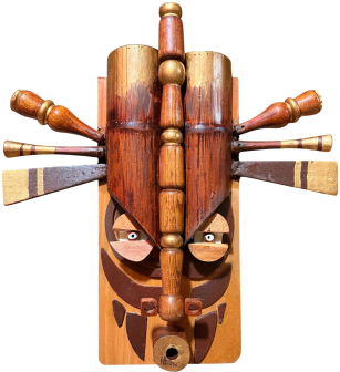 Guardian No. 1, The Keeper: a carved wooden face ringed by a radiating headdress of turned wood spindles and finials