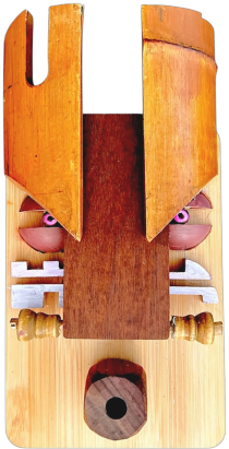 Guardian No. 3, The Watcher: a mask with antler-like horns made from a single split length of bamboo
