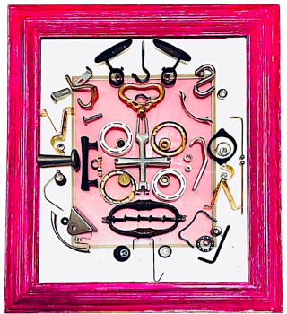 Making Faces No. 1: a face built from found hardware and metal fittings on a pink mat in a distressed hot pink frame