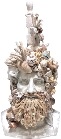 Neptune: a classical bearded bust crowned in seashells and faux coral with a tall carved finial behind the head