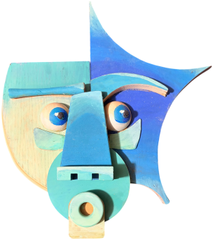 Twin Tides: a split-face mask in seafoam and cobalt blue with a curved moon-like form framing one side