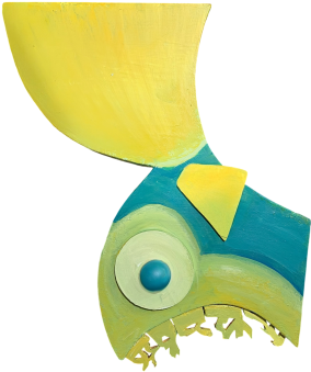 Zest: a mask in yellow, teal and chartreuse with one concentric eye and a jagged serrated lower edge